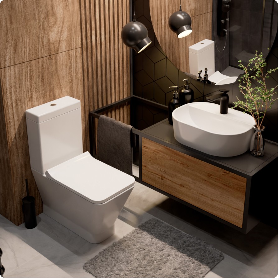 AQM1005PRO Унитаз напольный Rimless c сиденьем SoftClose, горизонтальный выпуск. 620x345x415мм