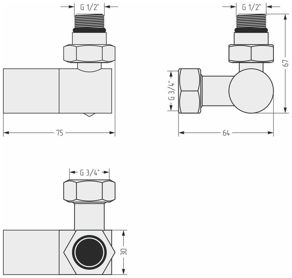 Вентиль 3D правый цилиндр (G 1/2" НР х G 3/4" НГ)