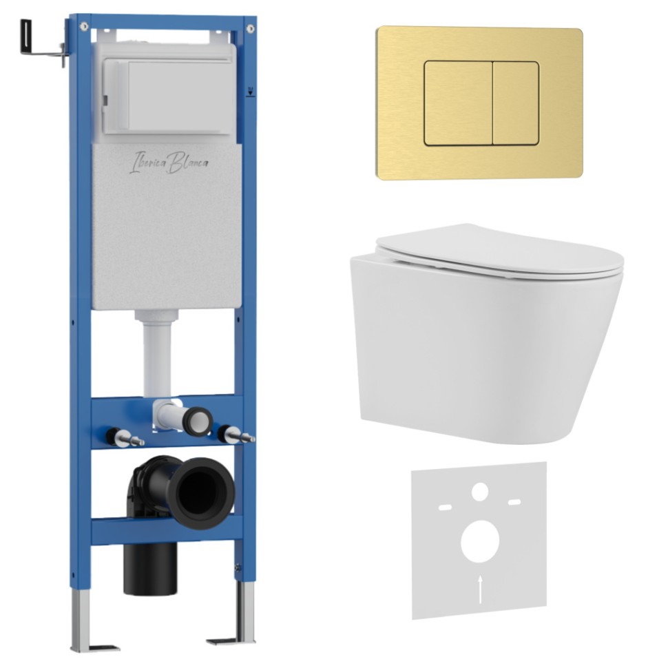Комплект 3в1 IBERICA BLANCA инсталляция SILENCIO MINI, унитаз BURGOS ALTO белый, кнопка смыва INOX-C золото матовое (IB.001M.BRA.231.1150)