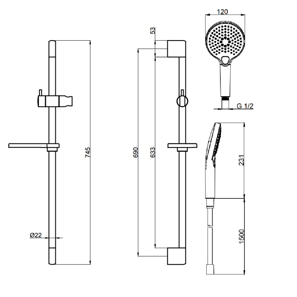 AQM8101CR Душевой гарнитур H=790мм, O120 мм, 3 режима, мыльница, шланг 1500мм, Хром