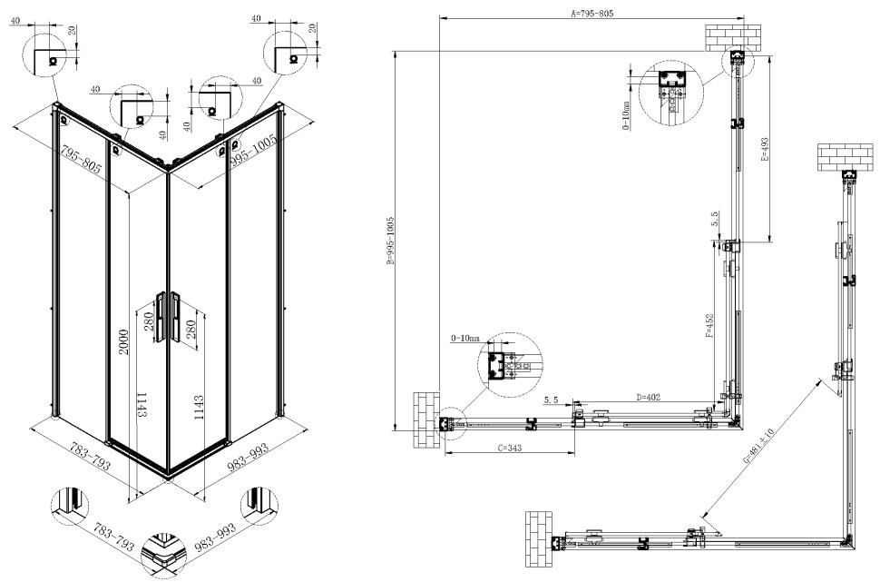 Душевой уголок Ultima VSS-7UL8010CLGM, 800*1000, вороненая сталь, стекло прозрачное
