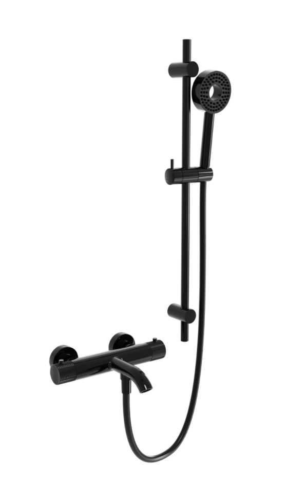 Термостатический смеситель для ванны и душа MILLEAU Tissage ML81803/B0705-CR (Cool touch) c душевым гарнитуром, Черный глянец