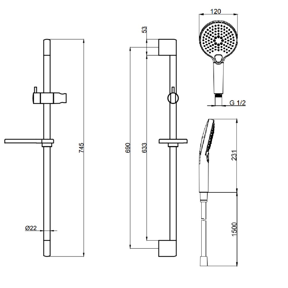 AQM8101MB Душевой гарнитур H=790мм, O120 мм, 3 режима, мыльница, шланг 1500мм, Черный матовый