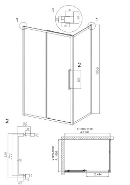 Душевое ограждение Grossman Cosmo 100.K33.02.110.42.00-200.K33.02.100.42.00 (110х100х195) раздвижная,графит сатин,стекло прозрачное,2 места