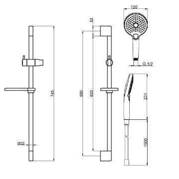 AQM8101GM Душевой гарнитур H=790мм, O120 мм, 3 режима, мыльница, шланг 1500мм, Gun Metal