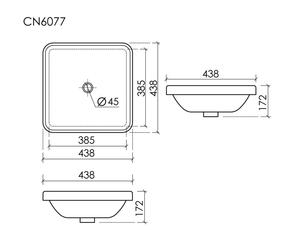 Раковина встраиваемая сверху CERAMICANOVA Element с отверстием слива - перелива квадратной формы 438x438x172 мм цвет белый арт. CN6077