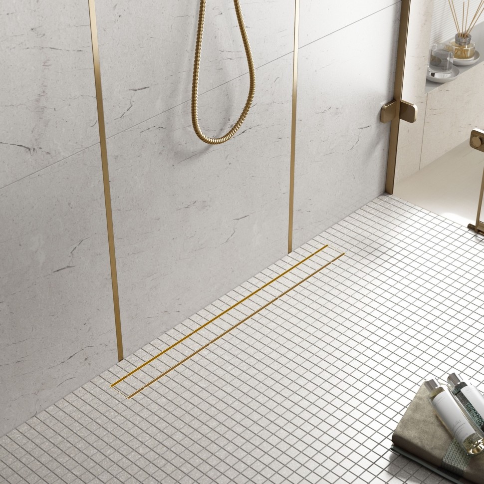 Душевой лоток TIMO Drain System 800 с двусторонней панелью "plate" под плитку, Золото матовое