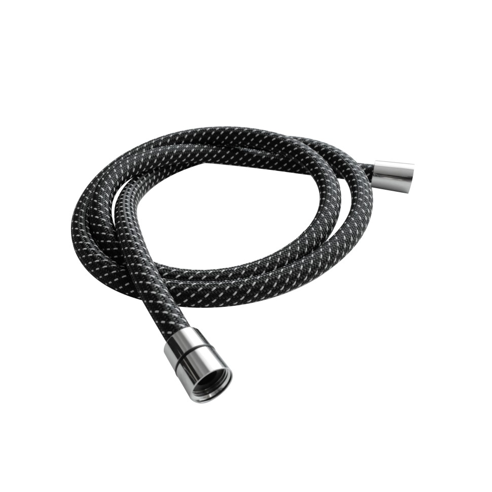 AQM1503CR Шланг душевой текстиль, ПВХ, 1500 мм, с латун конич гайкой и защитой от скруч, хром