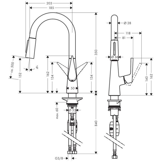 Смеситель Hansgrohe Kitchen для кухни, на 1 отв однорычажный, поворотный излив 18.5 см с вытяжным душем, 2jеt, h15.2 см, цвет: хром 72815000