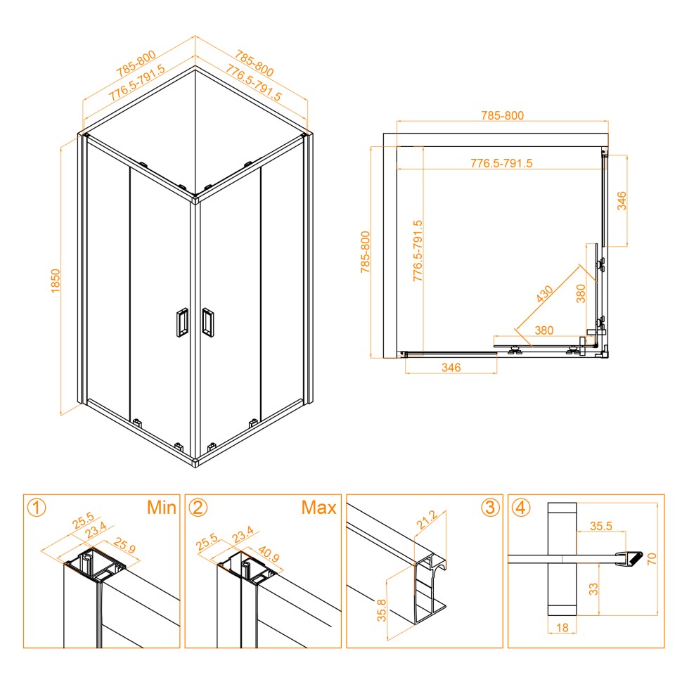 Душевой уголок RGW CL-34B (Прозрачное, 800x800)