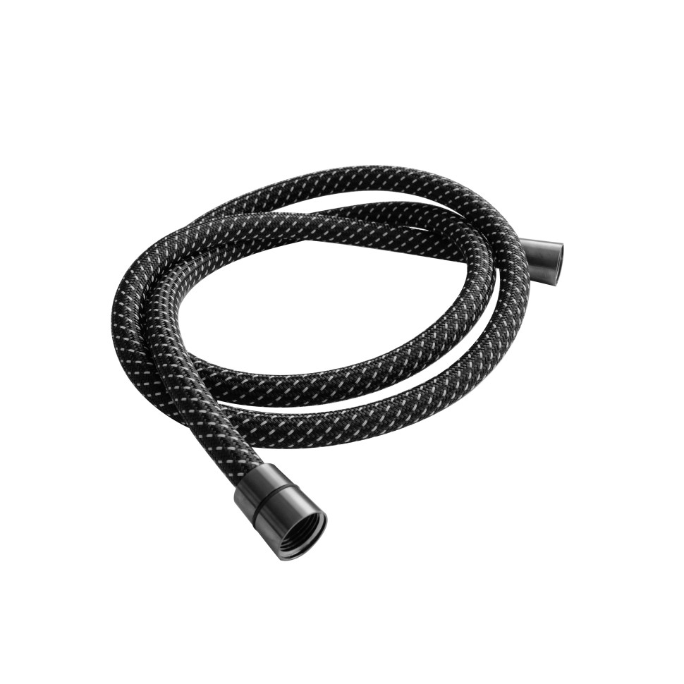 AQM1503GM Шланг душевой текстиль, ПВХ, 1500 мм, с латун конич гайкой и защитой от скруч, металл