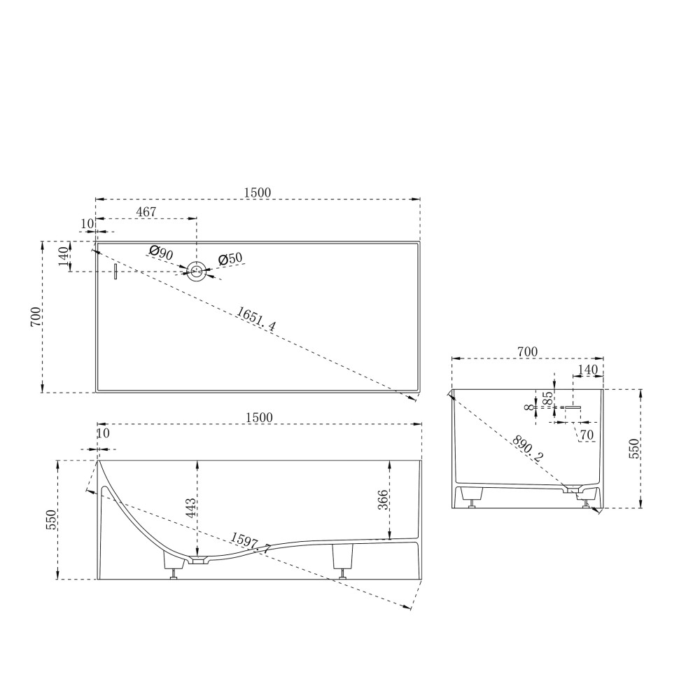 Ванна из искусственного камня ABBER Stein AS9640-1.5 белая матовая
