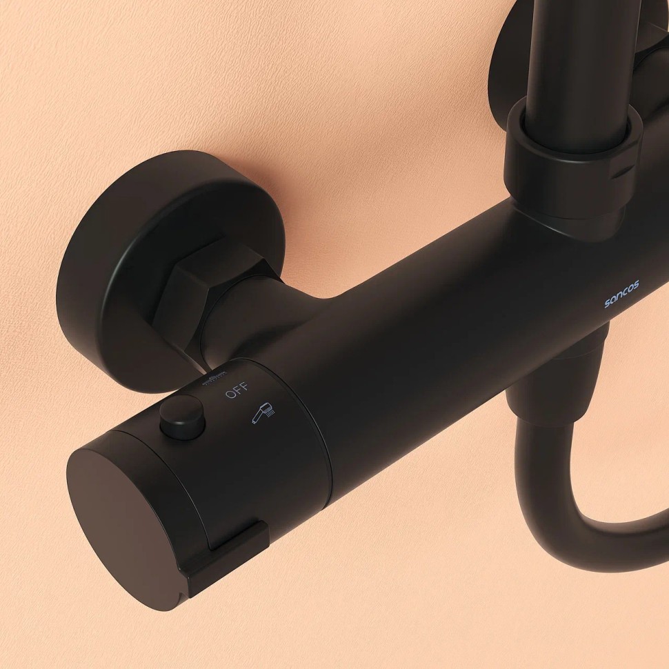 Душевая стойка SANCOS KANEDO с термостатом с верхним душем 248x248 мм ручным душем 110 мм 4 режима черный матовый SC7100MB