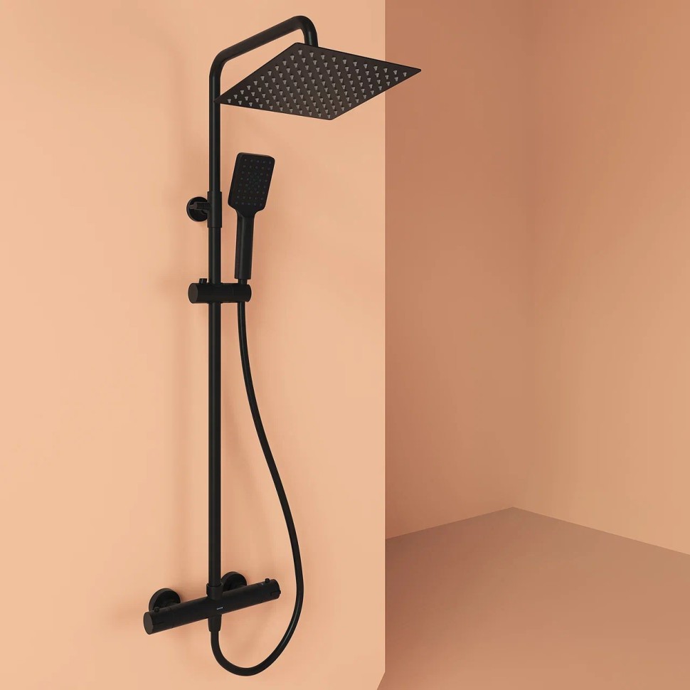 Душевая стойка SANCOS KANEDO с термостатом с верхним душем 248x248 мм ручным душем 110 мм 4 режима черный матовый SC7100MB