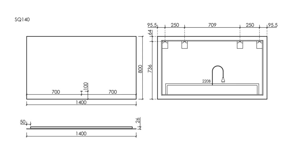 Зеркало для ванной комнаты SANCOS SQUARE 1400х800 с подсветкой, арт. SQ1400