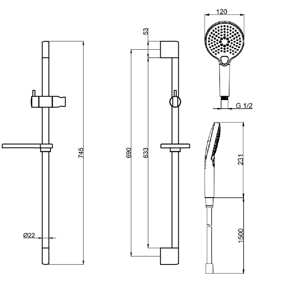 AQM8101BG Душевой гарнитур H=790мм, O120 мм, 3 режима, мыльница, шланг 1500мм, никель шлифованный