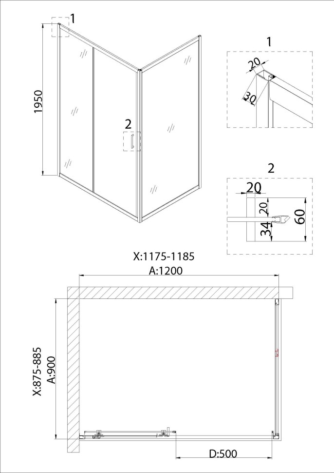 Душевое ограждение Niagara Nova NG-82-12AB-A90B (120х90х195) прямоугольник,черный, дверь раздвижная,стекло прозрачное,2 места