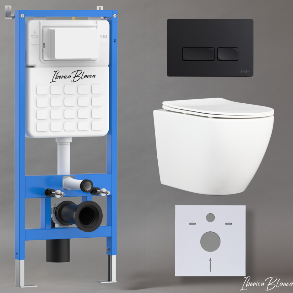 Комплект 3в1 IBERICA BLANCA инсталляция SILENCIO, унитаз BILBAO ALTO белый, кнопка смыва ESTI-R черный матовый (IB001.BLA.231.212)