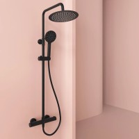 Душевая стойка SANCOS KANEDO с термостатом с круглым верхним и ручным душем Ø120 мм 4 режима, матовый черный SC7100MB