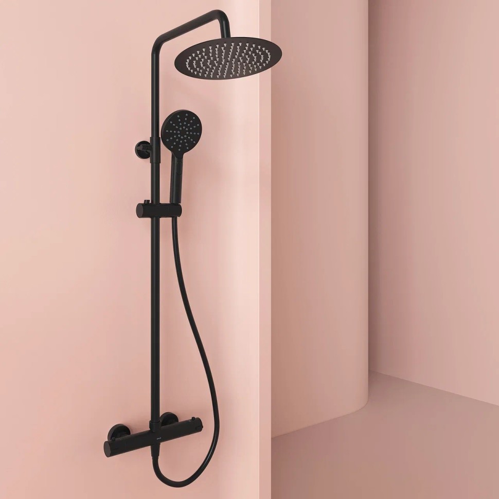 Душевая стойка SANCOS KANEDO с термостатом с круглым верхним и ручным душем Ø120 мм 4 режима, матовый черный SC7100MB