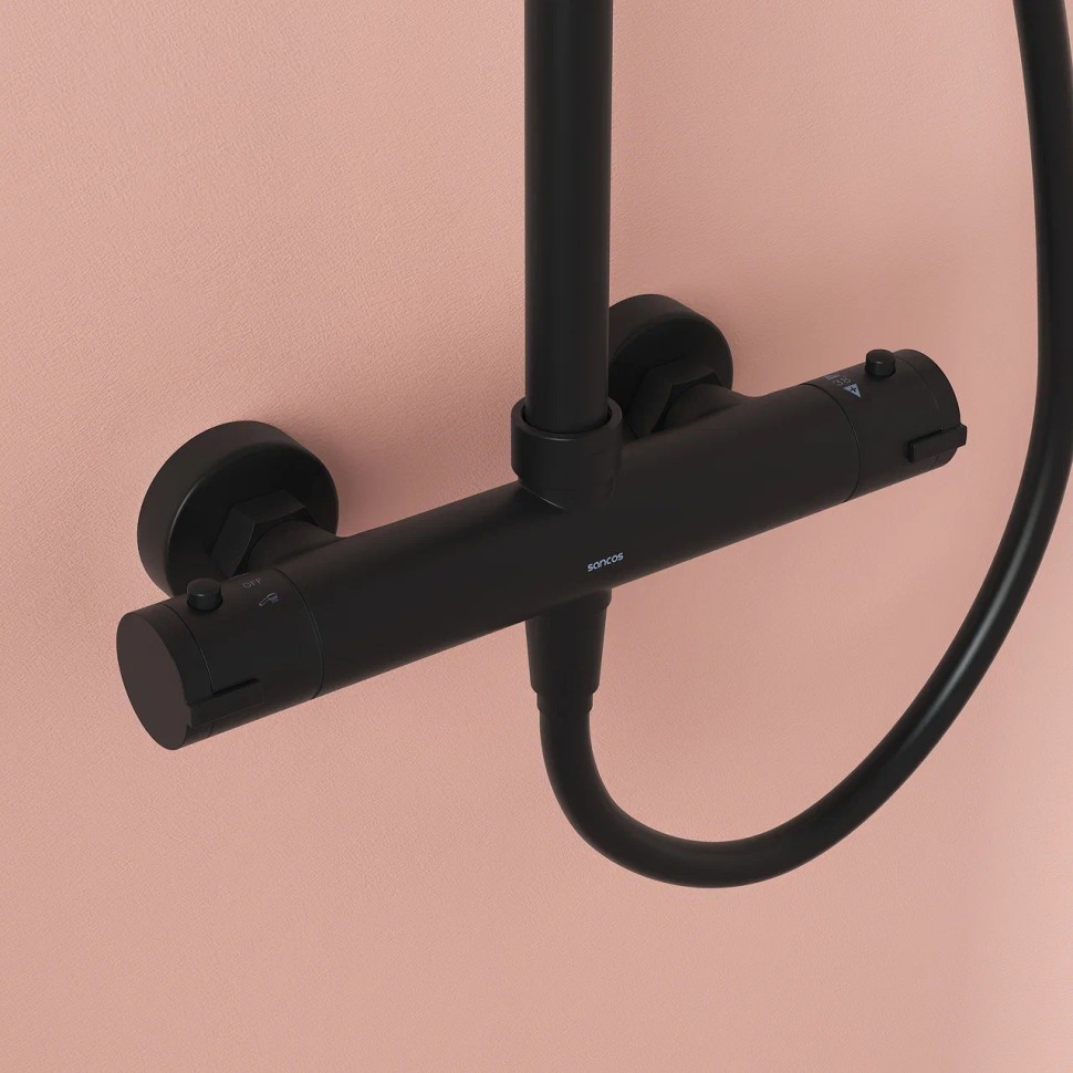 Душевая стойка SANCOS KANEDO с термостатом с круглым верхним и ручным душем Ø120 мм 4 режима, матовый черный SC7100MB