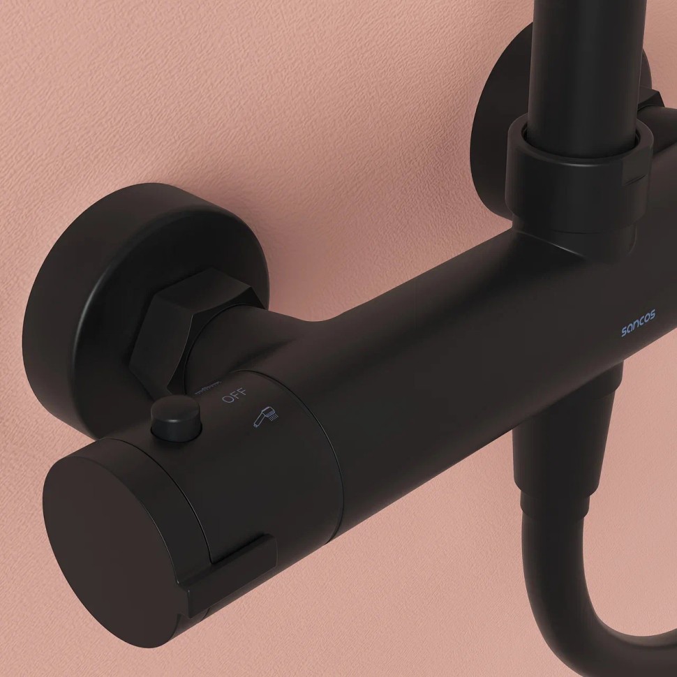 Душевая стойка SANCOS KANEDO с термостатом с круглым верхним и ручным душем Ø120 мм 4 режима, матовый черный SC7100MB