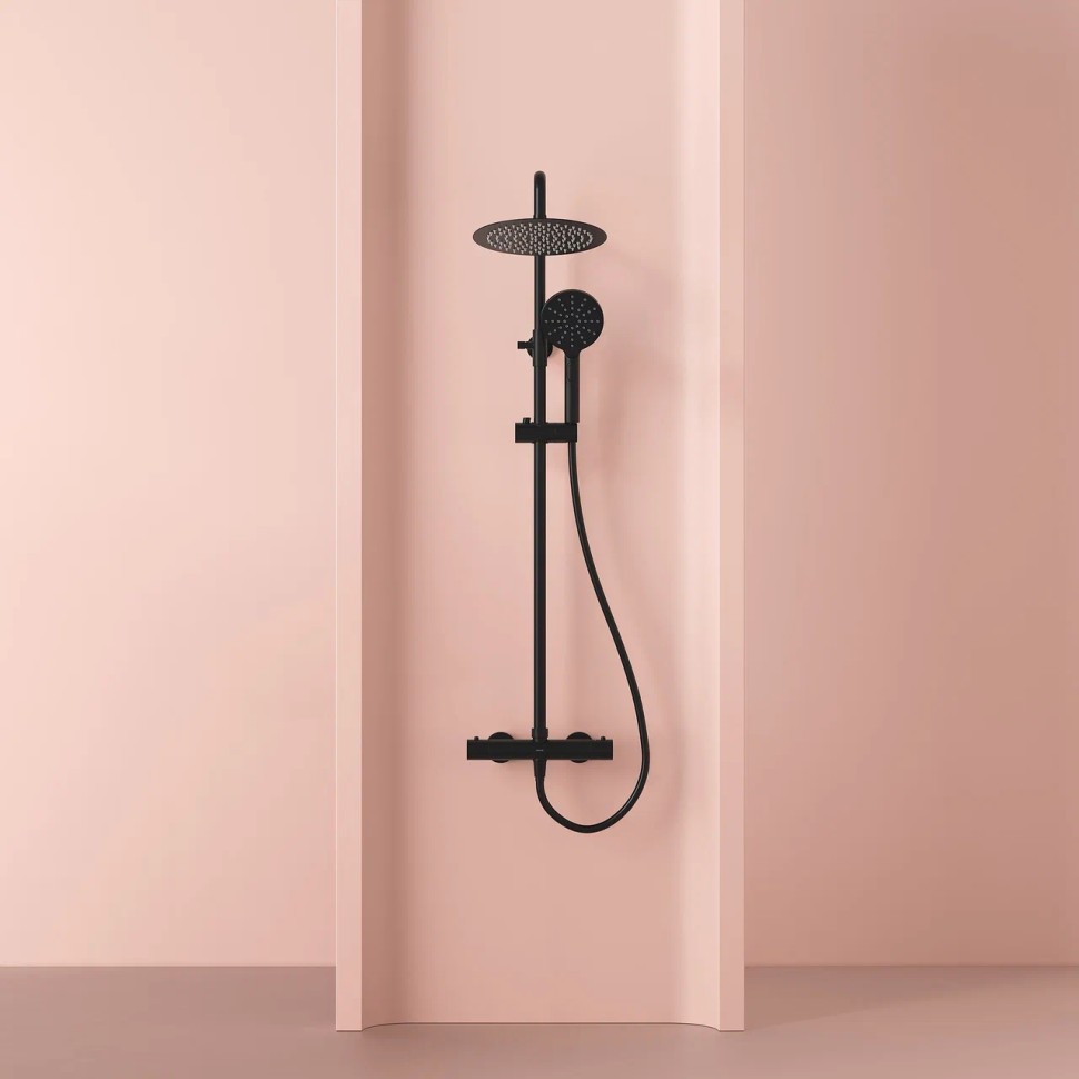 Душевая стойка SANCOS KANEDO с термостатом с круглым верхним и ручным душем Ø120 мм 4 режима, матовый черный SC7100MB