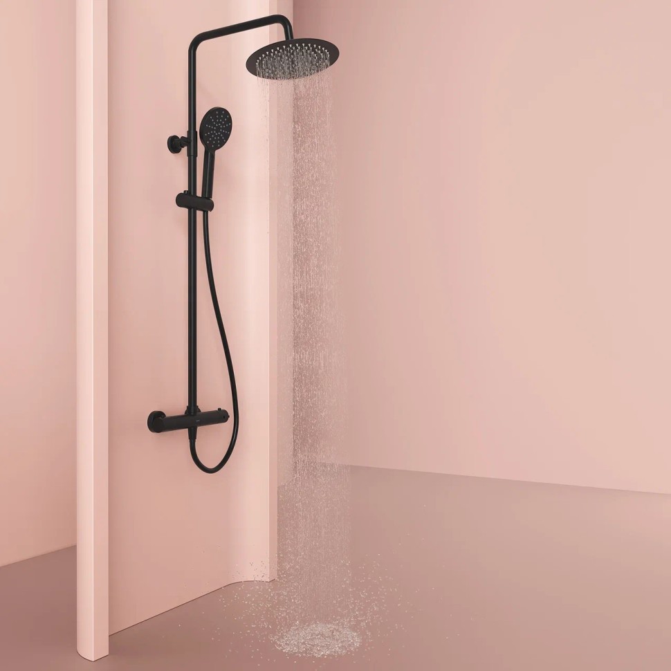 Душевая стойка SANCOS KANEDO с термостатом с круглым верхним и ручным душем Ø120 мм 4 режима, матовый черный SC7100MB