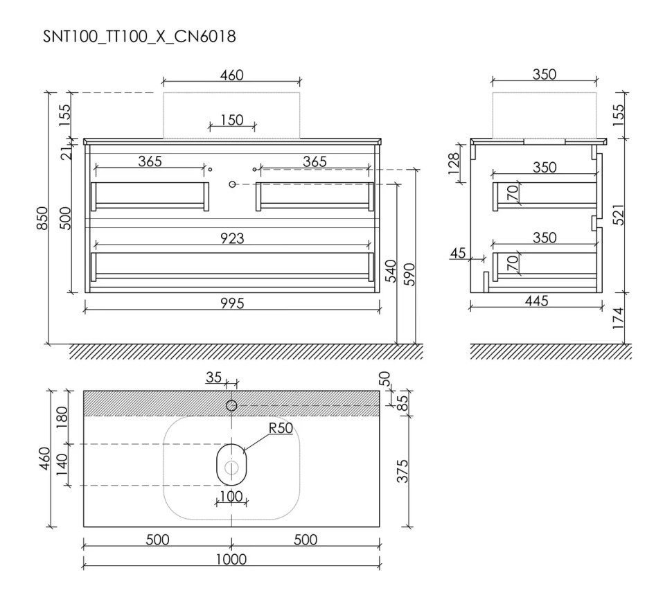 Тумба подвесная SANCOS Snob T 995х445х500, c двумя ящиками оснащенными доводчиками, Doha Soft, арт.SNT100SM