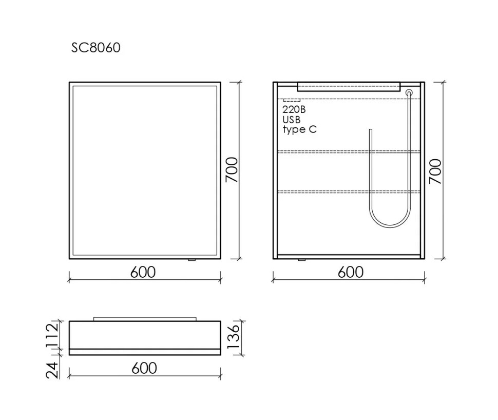 Зеркальный шкаф для ванной комнаты из алюминия SANCOS Evoke 600x700х136 мм, с LED подсветкой, арт. SC8060