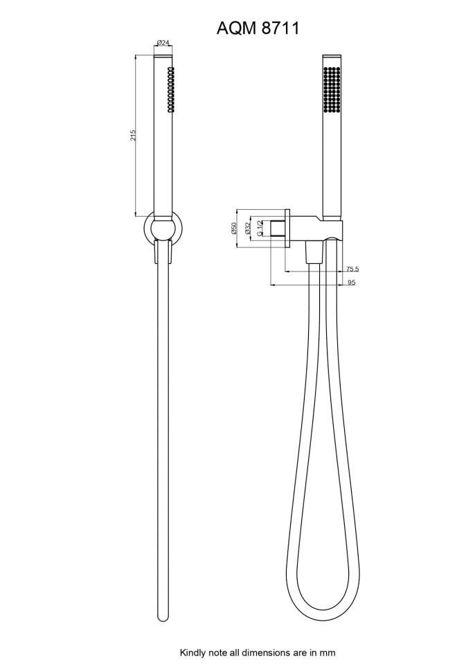 AQM8711CR Комплект: выход из стены, лейка латунь, шланг 1500мм, Хром