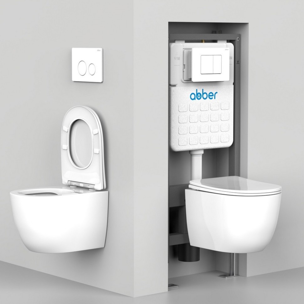 Комплект подвесной унитаз ABBER Bequem AC1100T белый с инсталляцией AC0105 и кнопкой AC0120MMG золото матовое