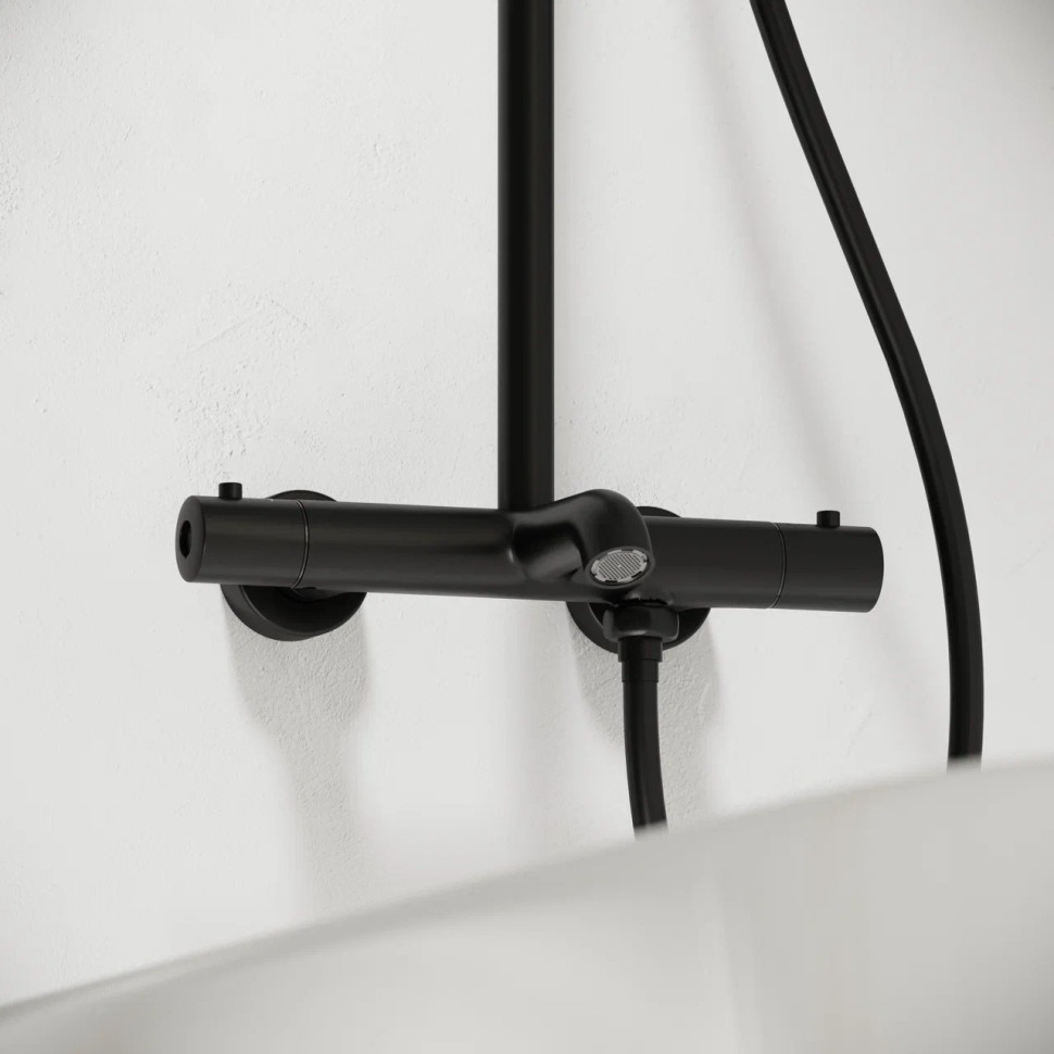 Душевая стойка с изливом и термостатом для ванны/душа Game, с регулировкой по высоте, цвет черный матовый, арт.SC3001LMB