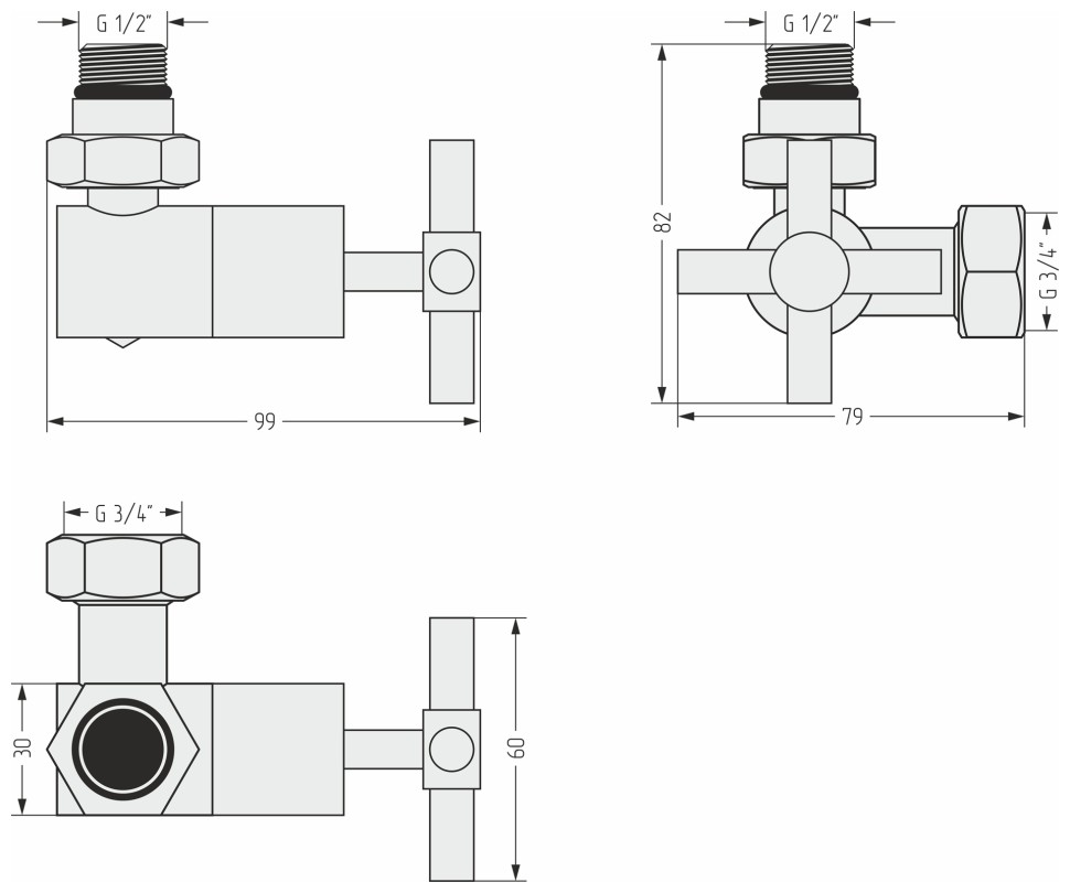 Вентиль 3D левый крест (G 1/2" НР х G 3/4" НГ)