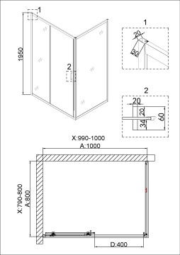 Душевое ограждение Niagara Nova NG-42-10AG-A80G (100х80х195) прямоугольник,золото,двери раздвижные,стекло прозрачное,2 места