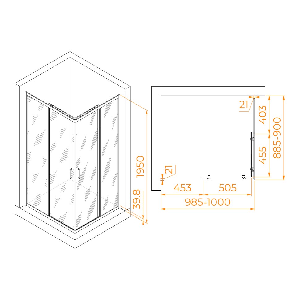 Душевой уголок RGW PA-040B (Матовое-Сатинат, 900x1000)