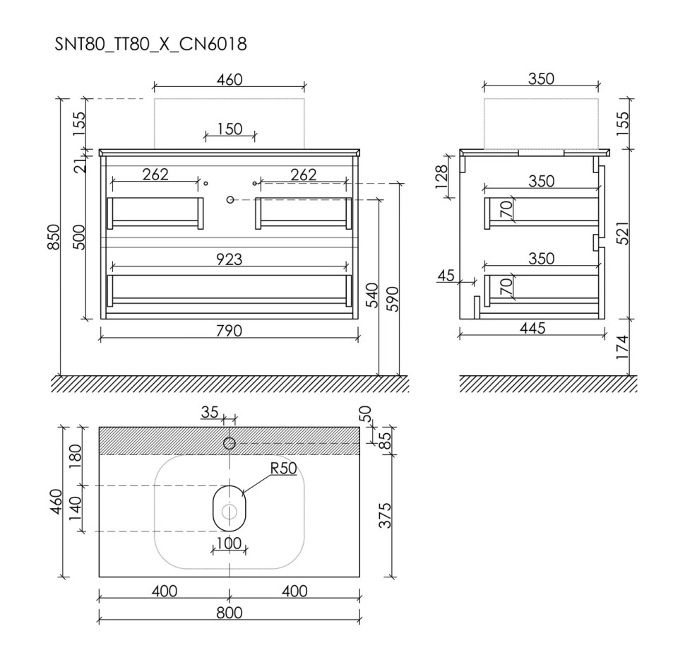 Тумба подвесная SANCOS Snob T 790х445х500, c двумя ящиками оснащенными доводчиками, Doha Soft, арт.SNT80SM