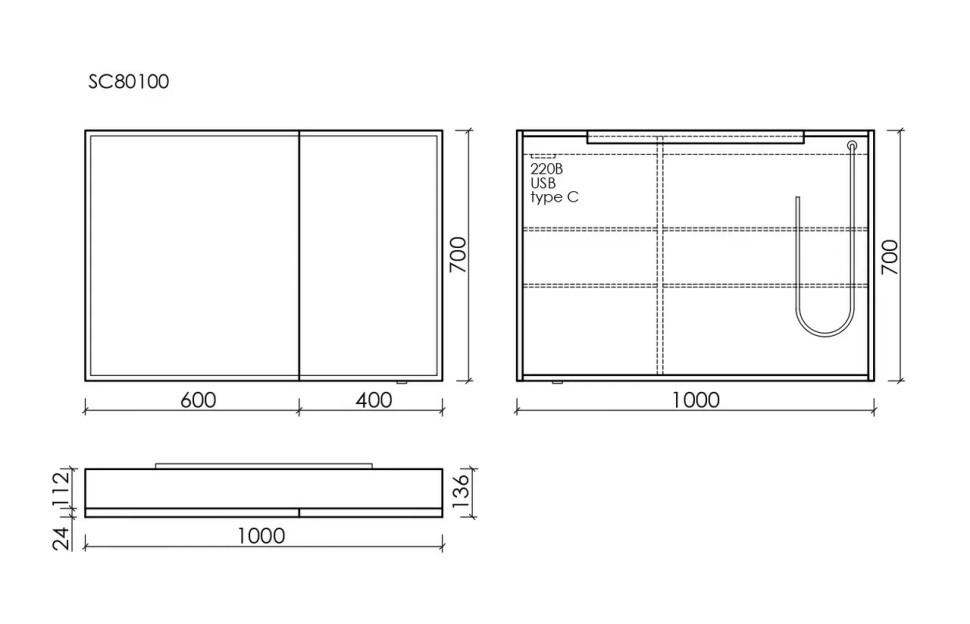 Зеркальный шкаф для ванной комнаты из алюминия SANCOS Evoke1000x700х136 мм с LED подсветкой, арт. SC80100