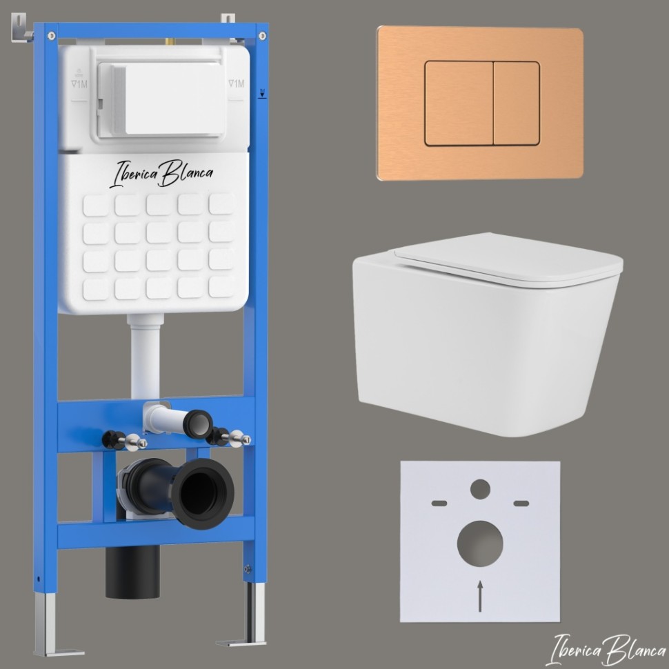 Комплект 3в1 IBERICA BLANCA инсталляция SILENCIO, унитаз TOLEDO ALTO белый, кнопка смыва INOX-C розовое золото матовое (IB001.TLA.231.1172)