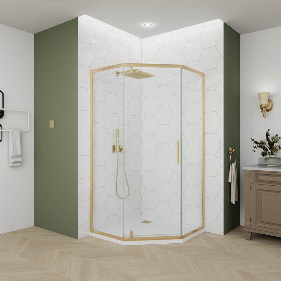 Душевой угол Veconi Ottimo P10 G, 900x900x1900, золото брашинг, стекло прозрачное