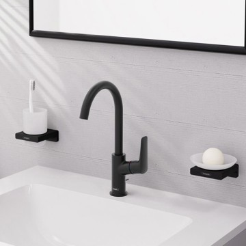 Смеситель Hansgrohe Logis для раковины, 1 отверстие, с донным клапаном, цвет: черный матовый 71130670