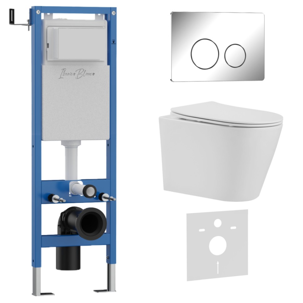 Комплект 3в1 IBERICA BLANCA инсталляция SILENCIO MINI, унитаз BURGOS ALTO белый, кнопка смыва INOX-O хром глянцевый (IB.001M.BRA.231.8131)