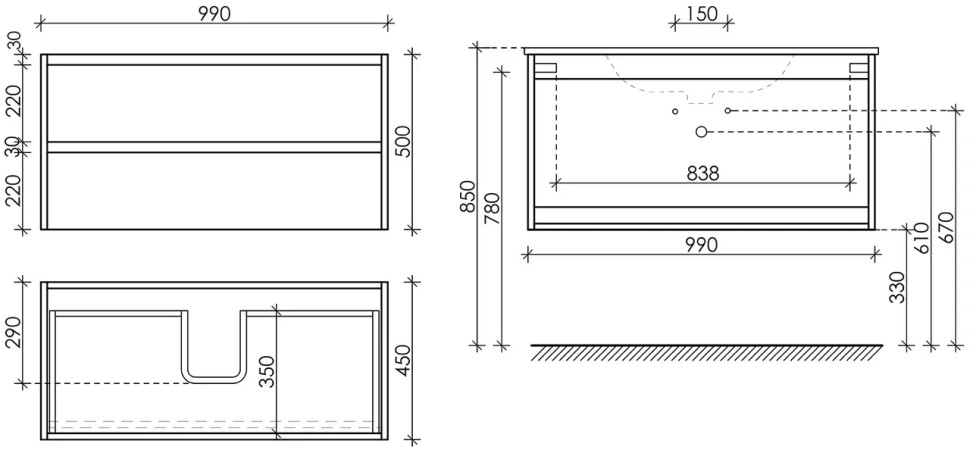 Тумба подвесная SANCOS Libra 990х450х500, c двумя ящиками оснащенными доводчиками, дуб чарльстон, арт. LB100ECH
