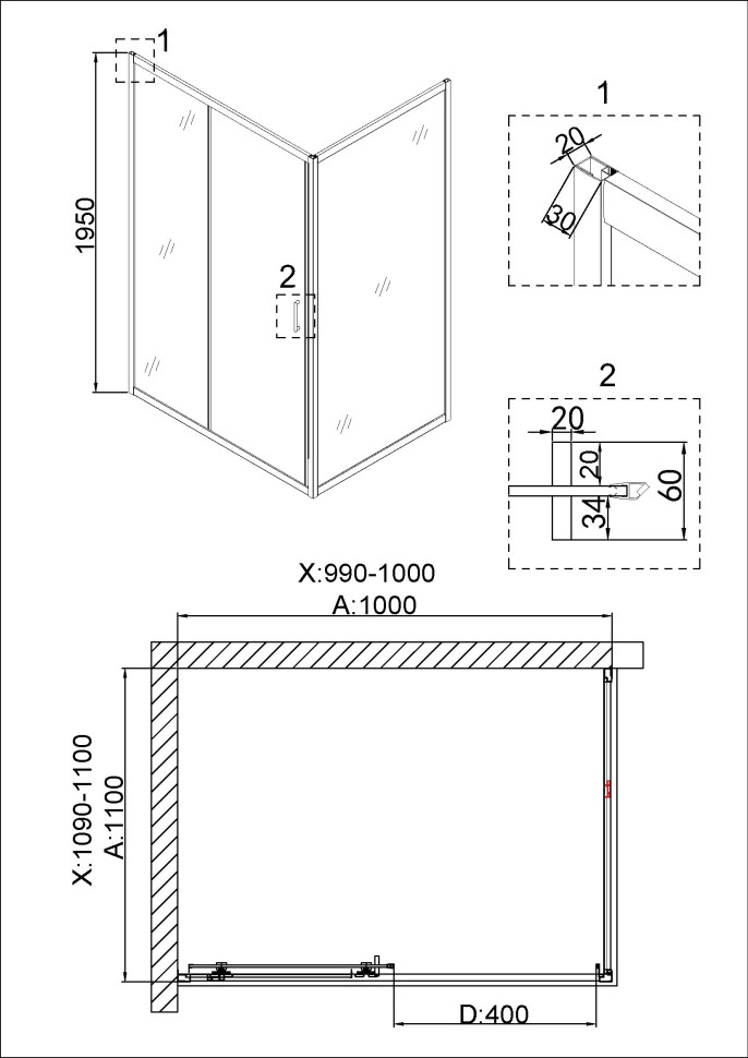 Душевое ограждение Niagara Nova NG-42-10AG-A110G (100х110х195) прямоугольник,золото,двери раздвижные,стекло прозрачное,2 места