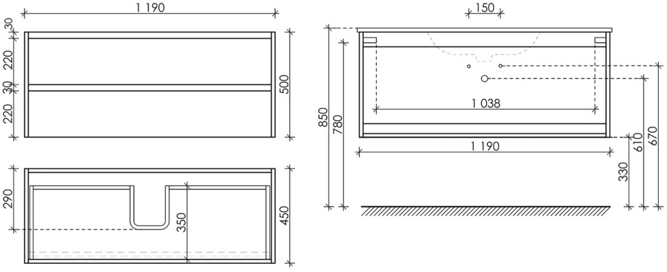 Тумба подвесная SANCOS Libra 1190х450х500, c двумя ящиками оснащенными доводчиками, дуб чарльстон, арт. LB120-1ECH