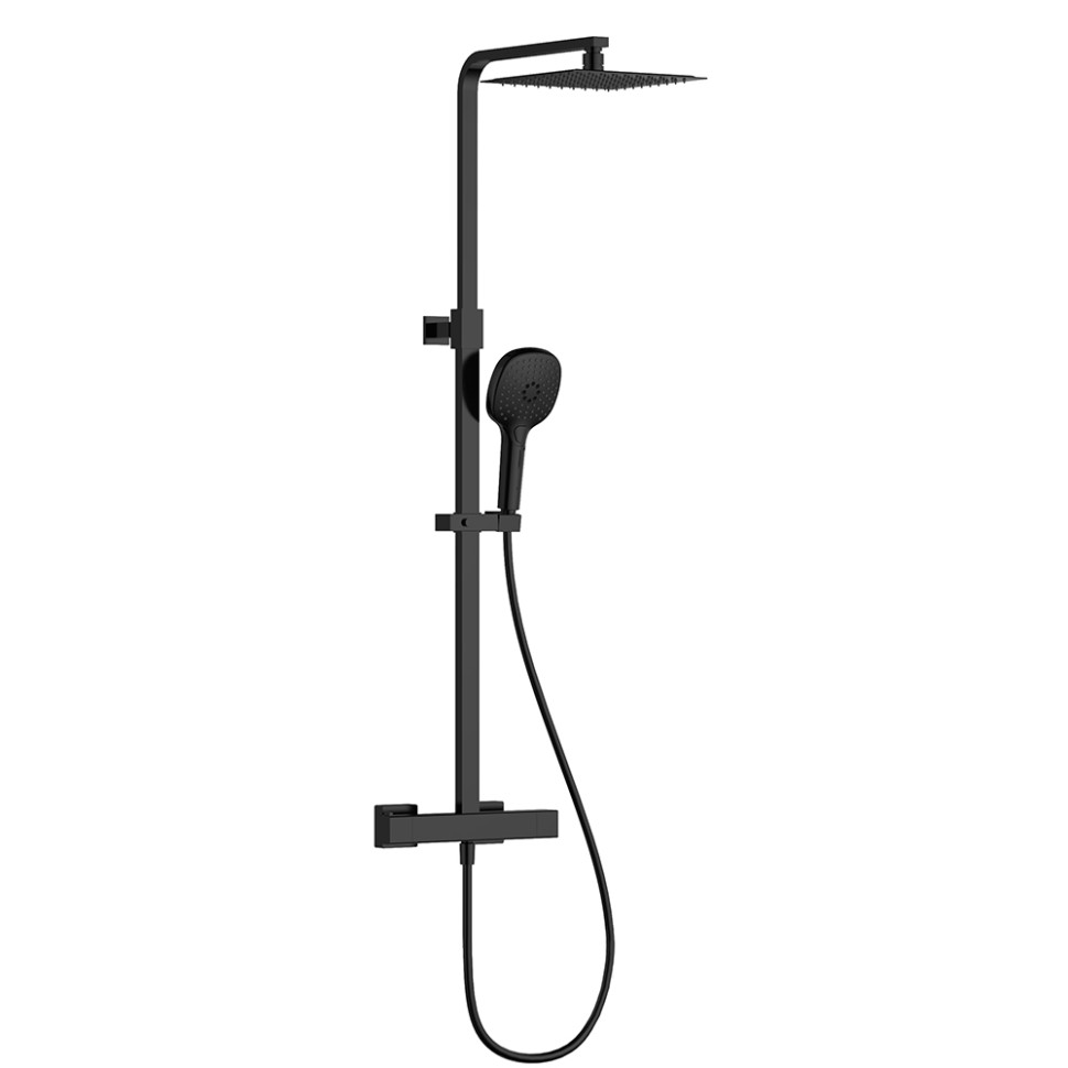 AQM 8007MB Душевая система с термостатом, O226/120мм, 1/3 режим, верхний душ - сталь, Cool Touch, Черный матовый