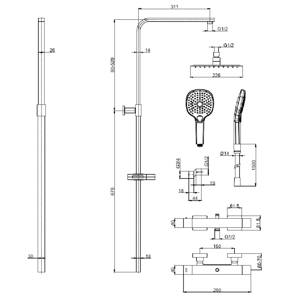 AQM 8007MB Душевая система с термостатом, O226/120мм, 1/3 режим, верхний душ - сталь, Cool Touch, Черный матовый