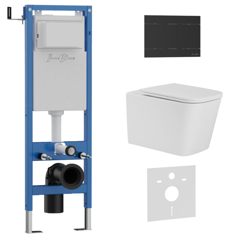 Комплект 3в1 IBERICA BLANCA инсталляция SILENCIO MINI, унитаз TOLEDO ALTO белый, кнопка смыва INOX-R черный матовый (IB.001M.TLA.231.1504)