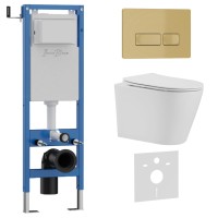 Комплект 3в1 IBERICA BLANCA инсталляция SILENCIO MINI, унитаз BURGOS ALTO белый, кнопка смыва ESTI-R золото матовое (IB.001M.BRA.231.215)