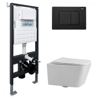 Комплект подвесной унитаз ABBER Rechteck AC1201 белый с инсталляцией AC0105 и кнопкой AC0120MB черный матовый